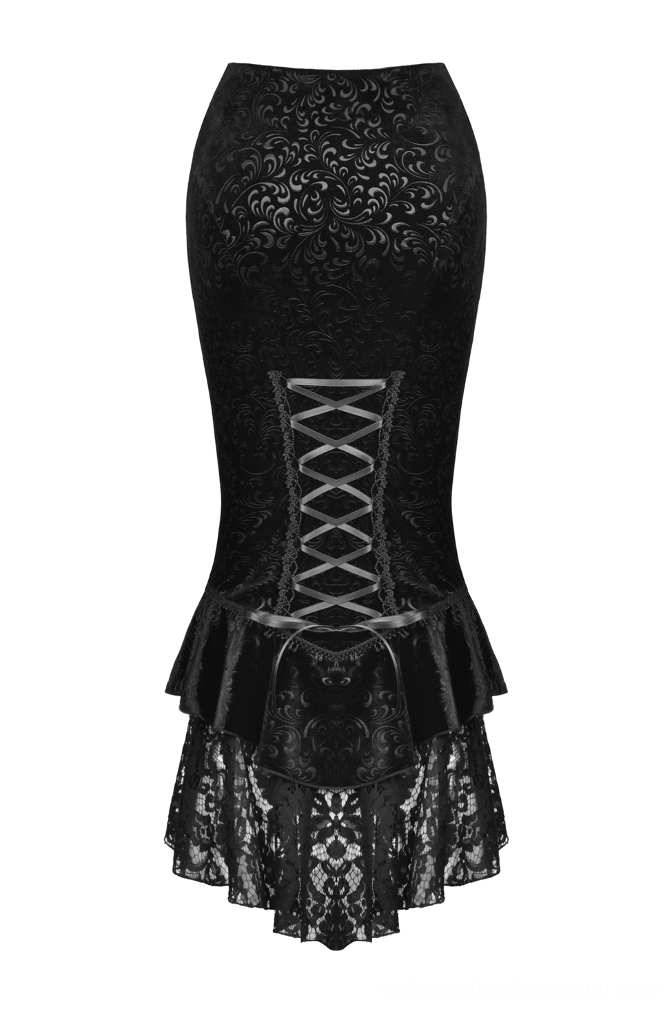 Standalone gothic fishtail skirt back flat lay revealing lace-up corset construction and swirling velvet texture