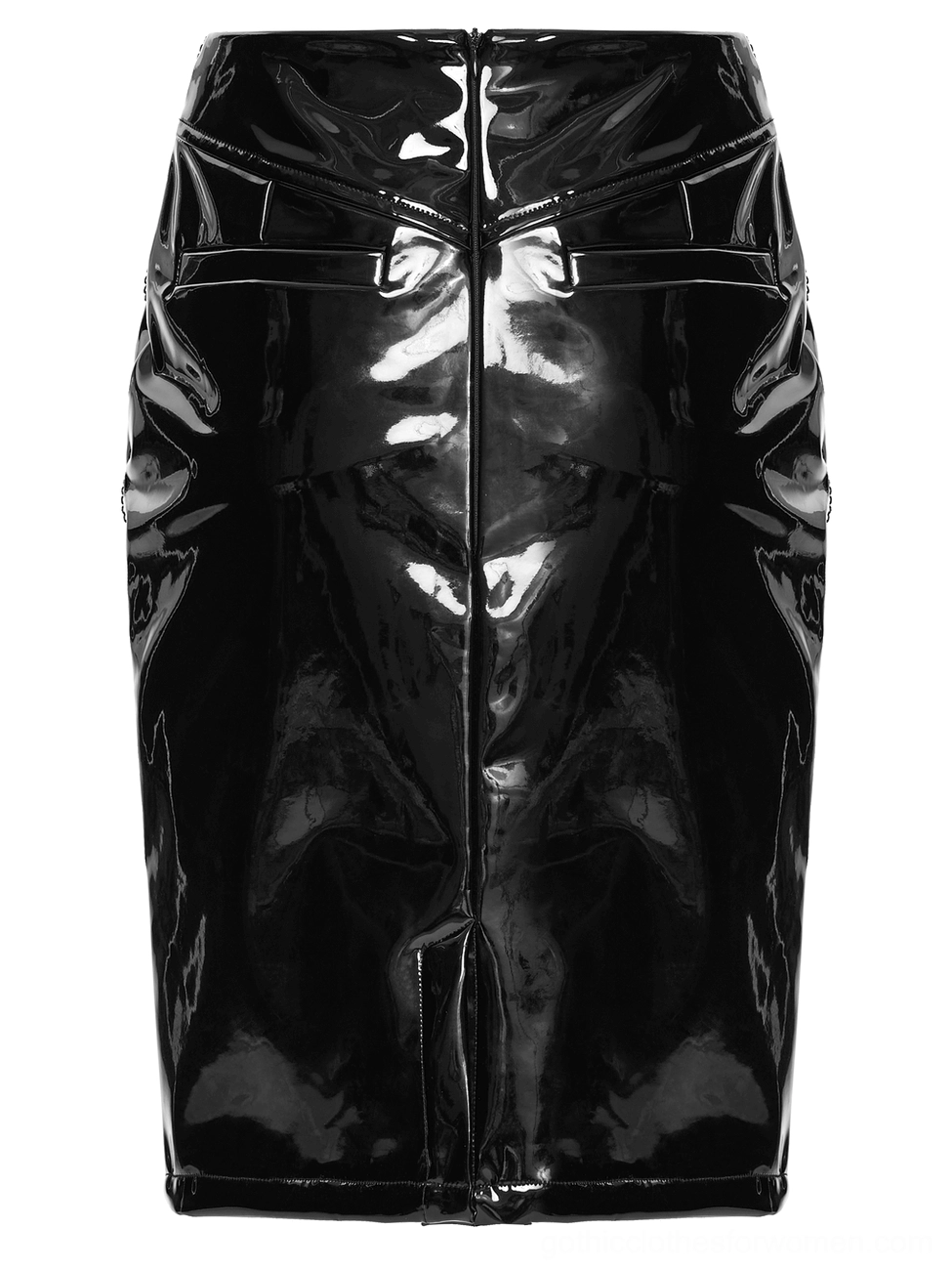 Black patent leather gothic skirt back flat lay view showing faux back pocket design and rivet placement