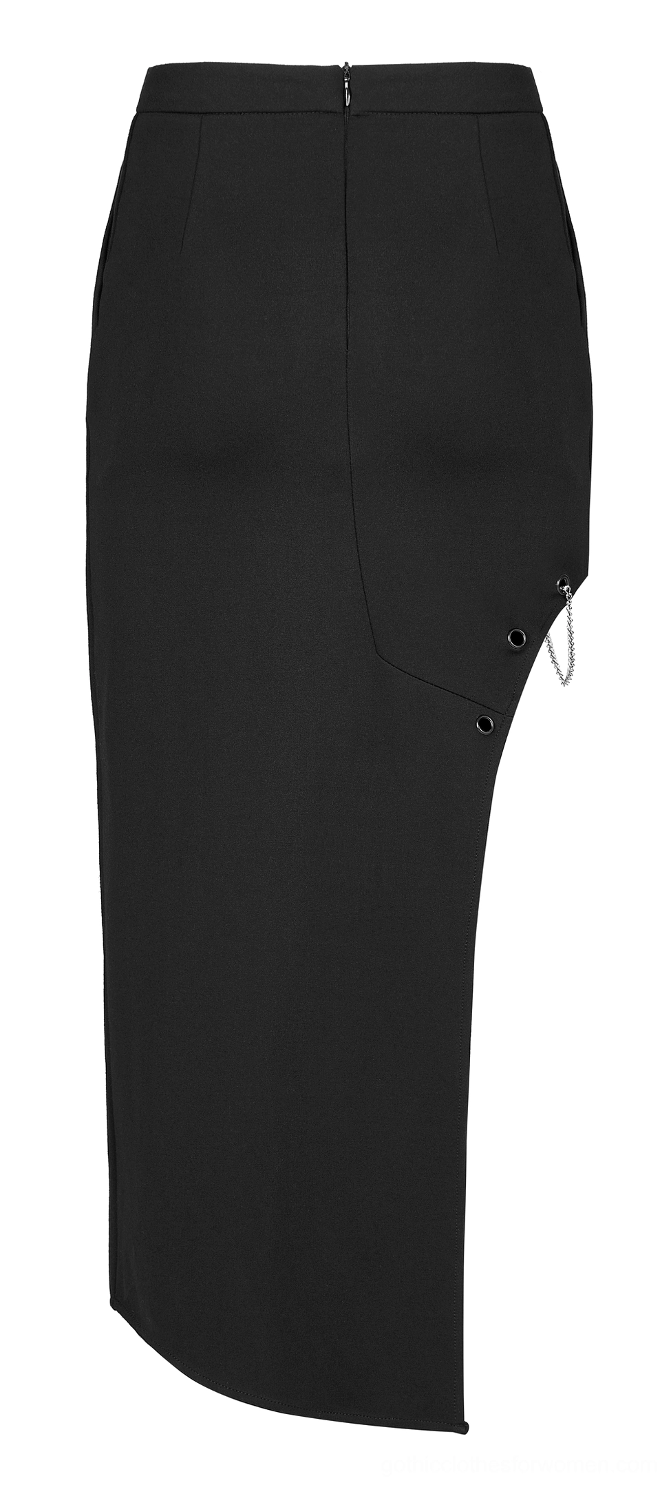 Black gothic asymmetric skirt back flat lay displaying hidden zipper closure and metal side hardware