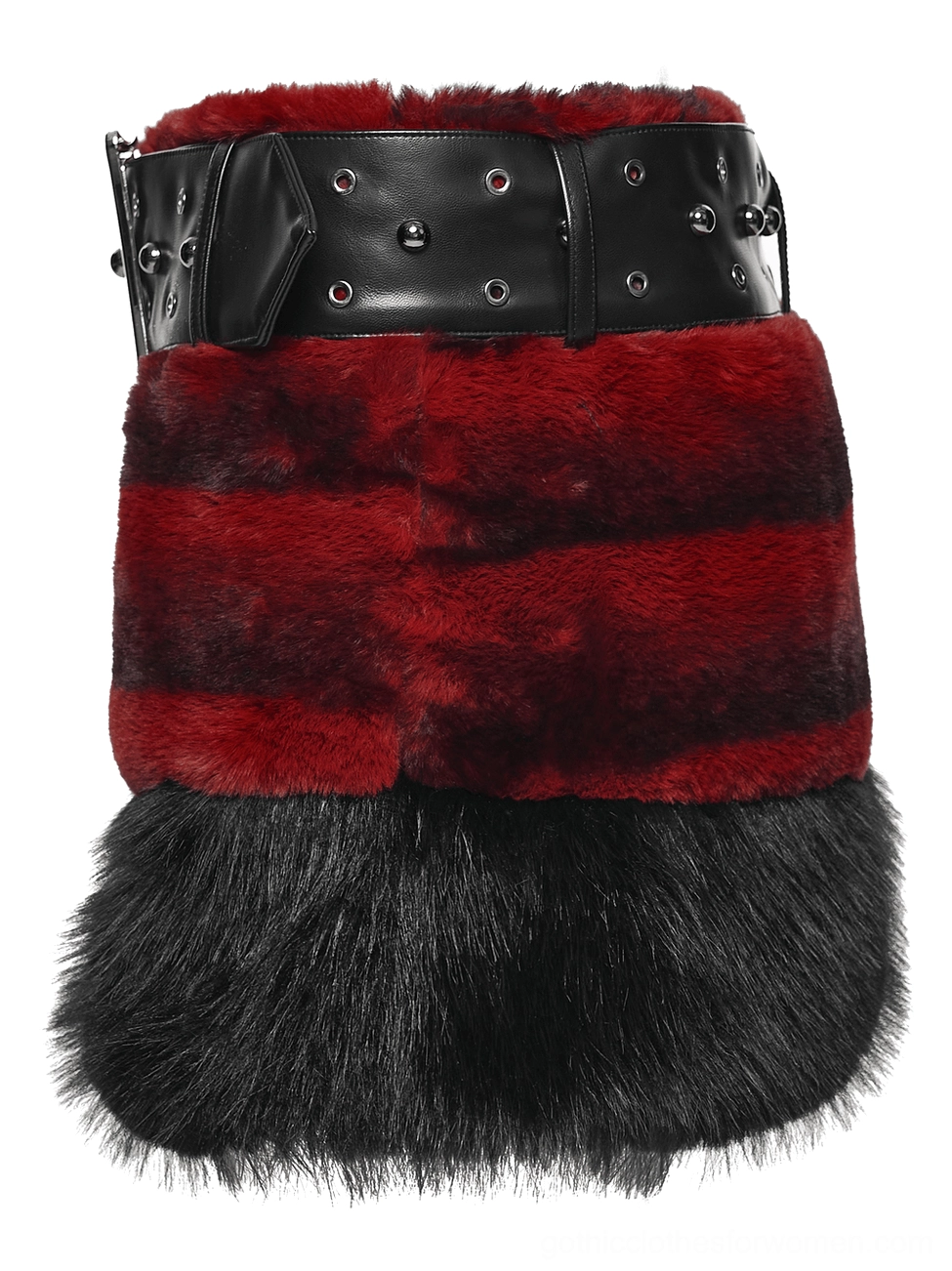 Black faux fur gothic skirt back flat lay showing rear zipper and fluffy hem detail with studded waistband