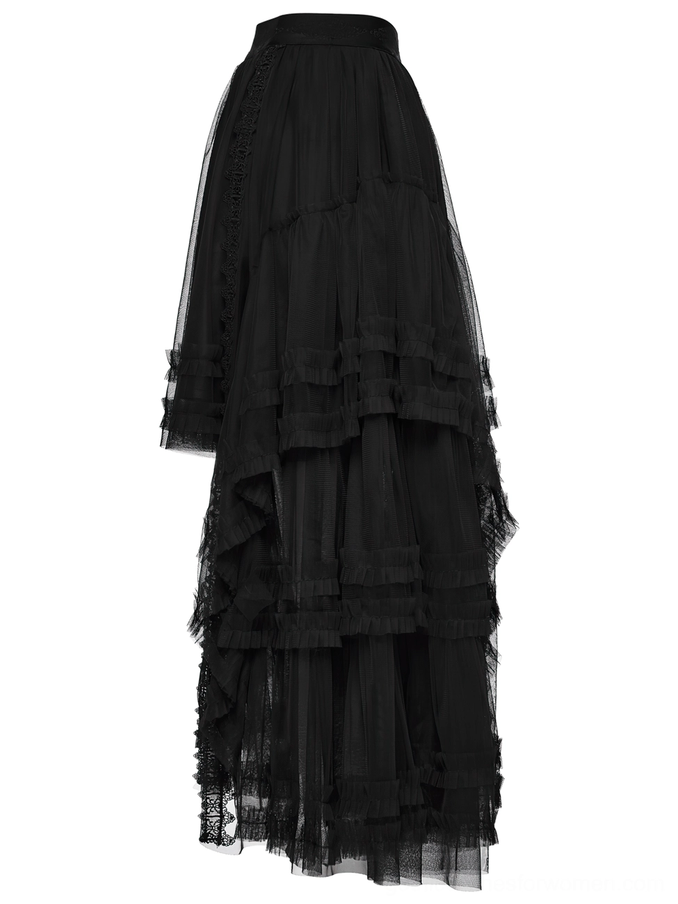 Black gothic mesh skirt rear flat lay view with pleated tulle layers and ruffled edge trim detail