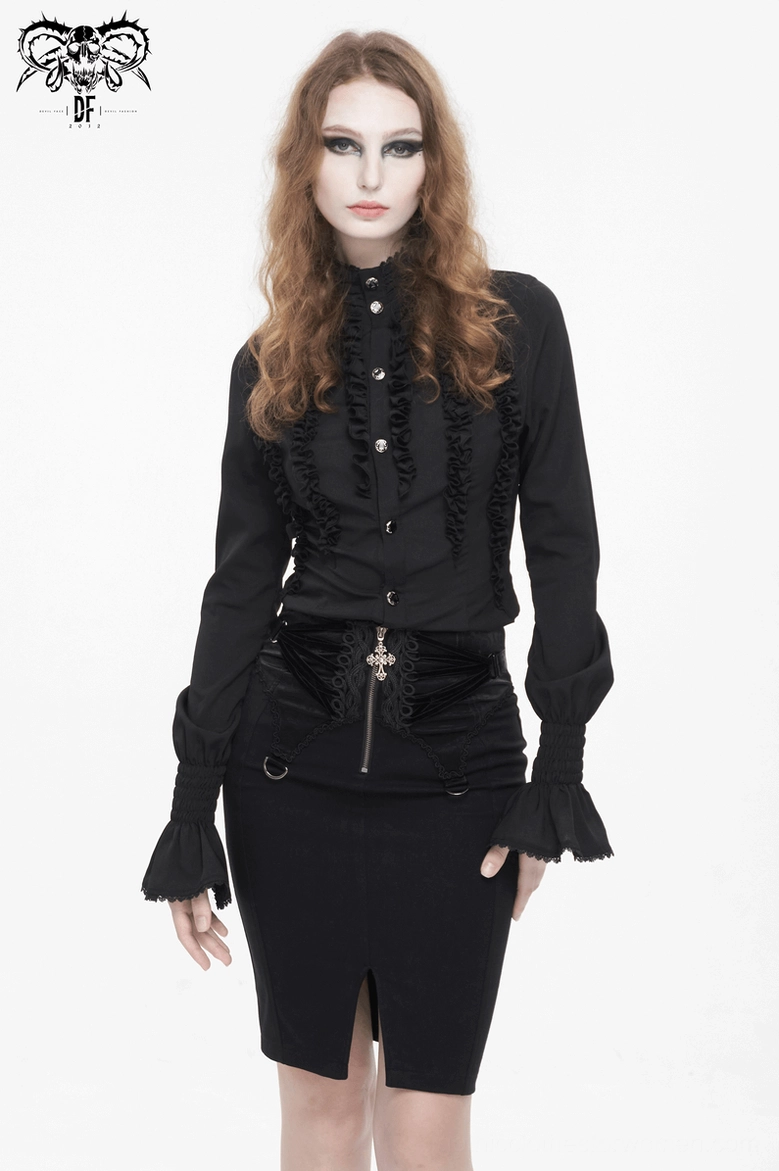 Back detail of black gothic skirt on model showing complete lace-up corset design and fabric structure
