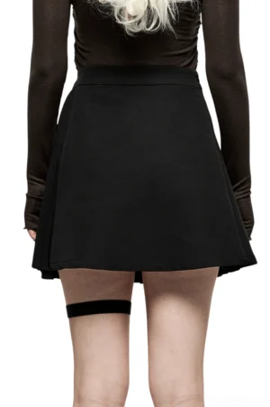 Pleated black gothic mini skirt rear detail showing structured fabric and metal strap attachment