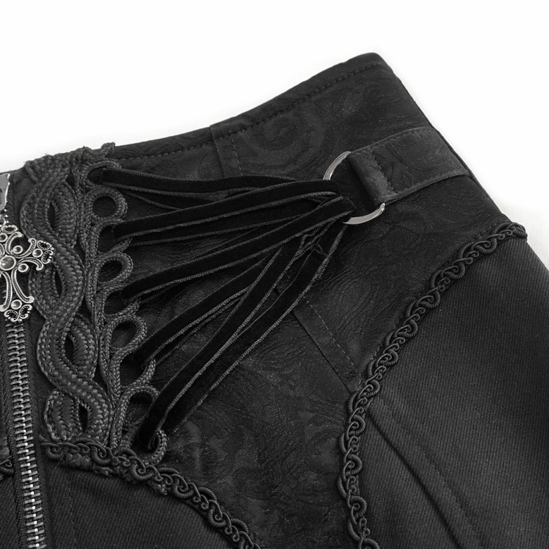 Back product view of black gothic skirt with detailed look at lace-up system, D-rings, and corset back