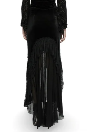 Black fishtail skirt back view showing dramatic chiffon train and lace details