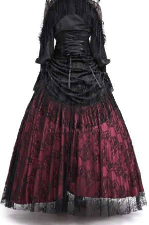 Victorian gothic maxi skirt back view featuring lace-up closure, draped velvet panel, and black lace overlay on wine red base