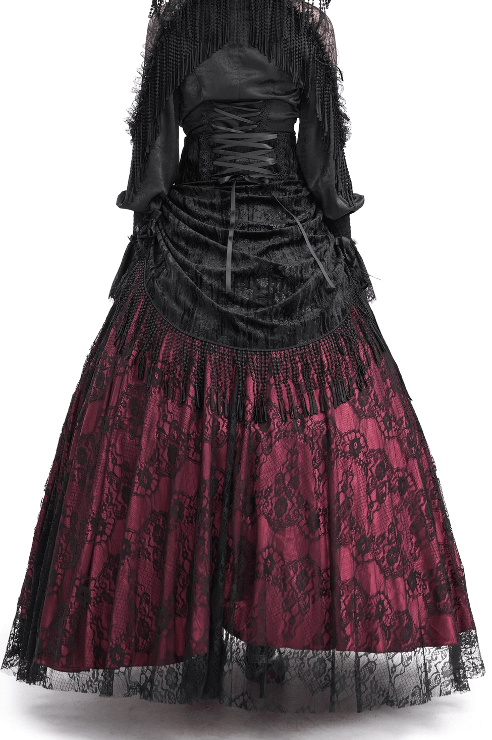 Victorian gothic maxi skirt back view featuring lace-up closure, draped velvet panel, and black lace overlay on wine red base