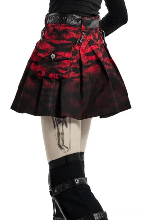 Gothic punk A-line skirt back view showing metal buckles, side straps, and detachable waist bag attachment points