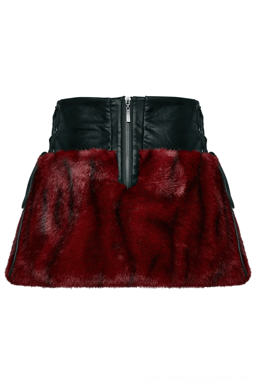 Back view flat lay of flame tie-dye gothic skirt showing metal zipper closure and structured faux leather waistband