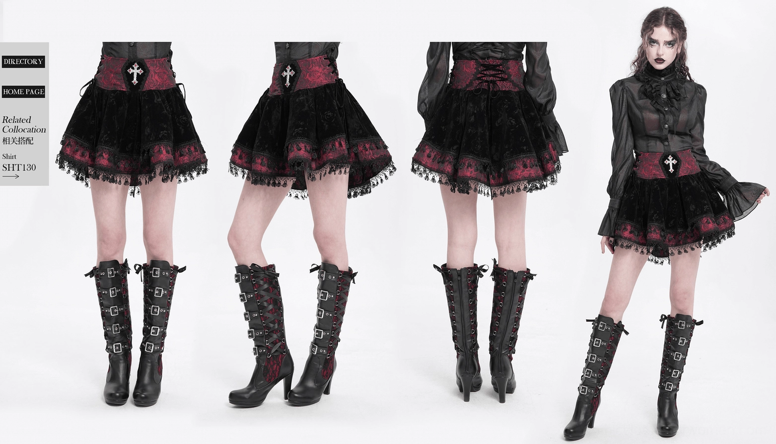 Wine red gothic velvet skirt back waist detail showing lace-up corset style construction and cross accent