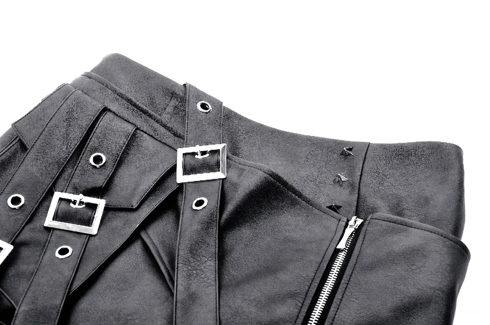 Detail set of gothic black skirt showing belt buckles industrial metal hardware and decorative studs