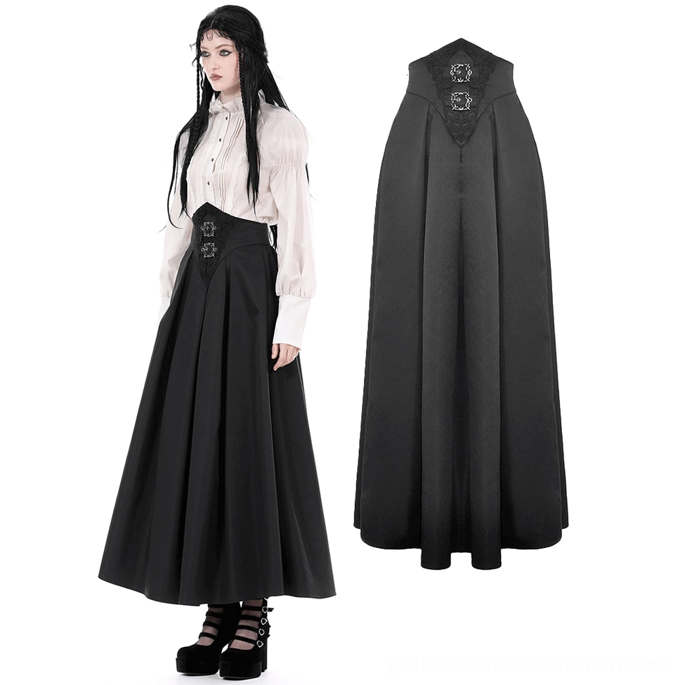 Black A-line gothic skirt full front view on model with white Victorian blouse and high-waisted corset design