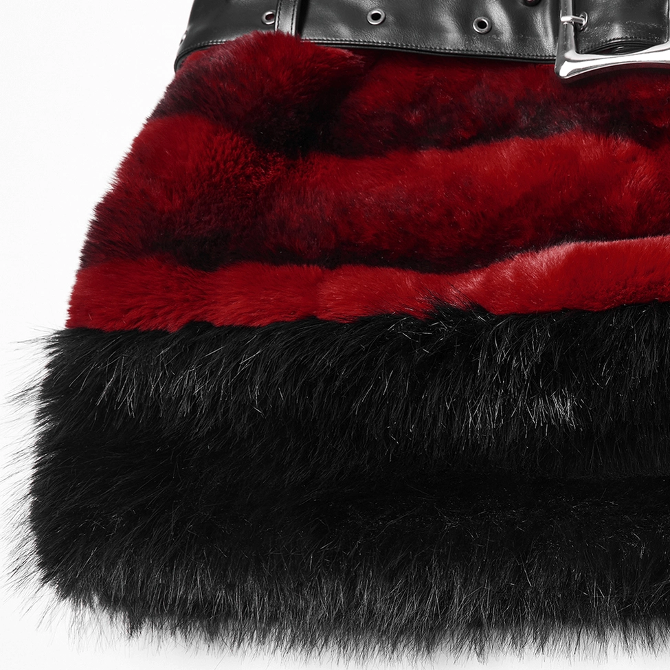 Black faux fur hem close-up showing fluffy texture against red striped fabric body and leather waist strap