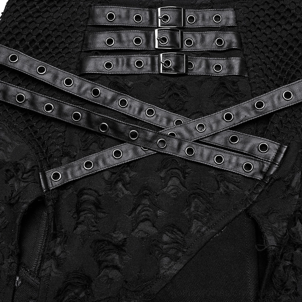 Close-up detail of black gothic skirt showing faux leather buckles, cross straps with metal eyelets, and distressed fabric