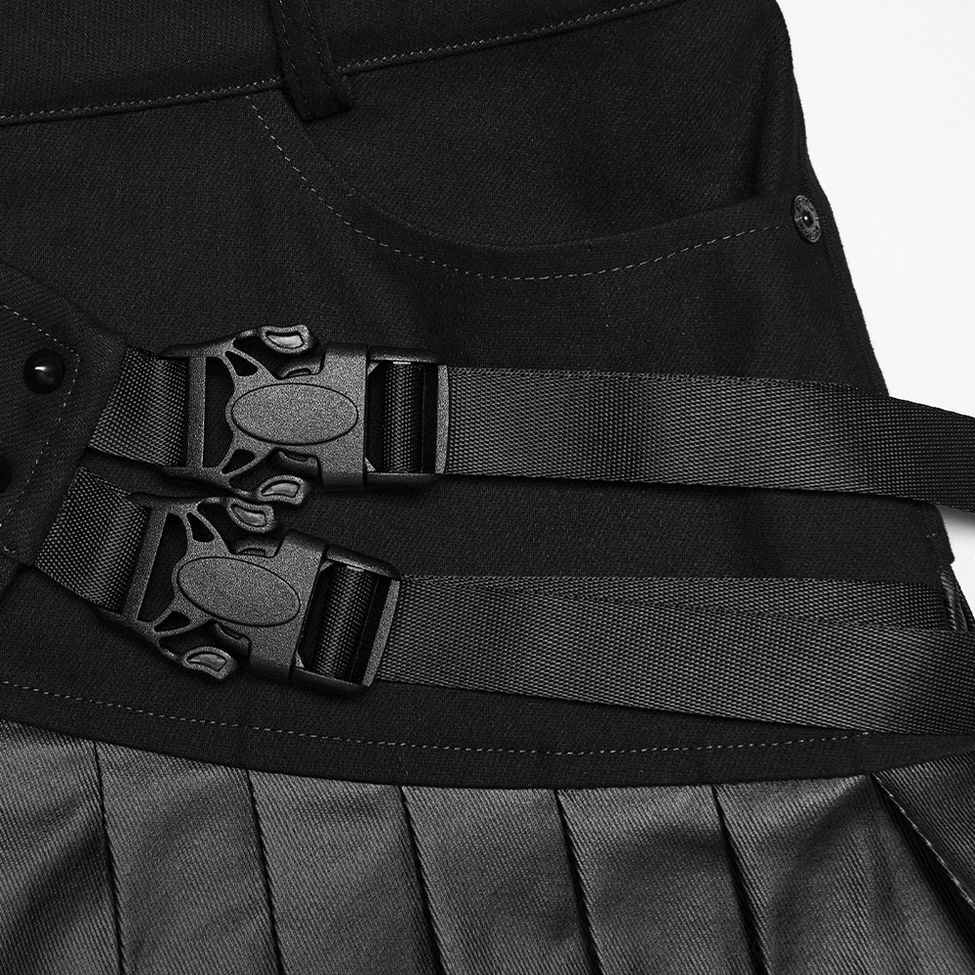 Close-up of dual heavy-duty plastic buckle system on black gothic skirt waist with adjustable webbing straps and secure fastening design