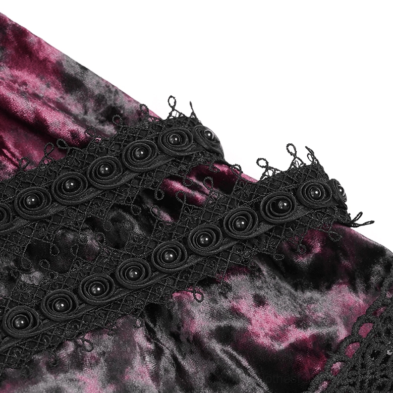Close-up detail of black button trim and wine red crushed velvet fabric on gothic layered skirt