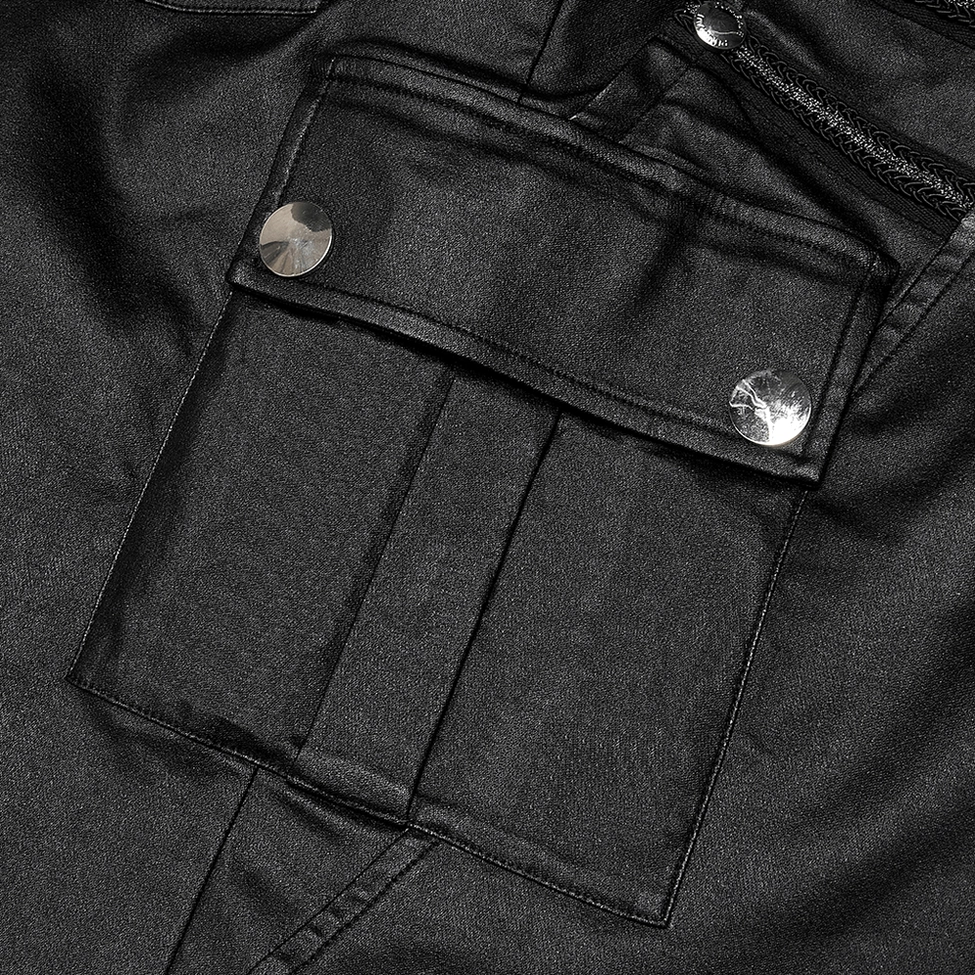 Close-up detail of silver snap button flap cargo pocket on black faux leather gothic bodycon skirt