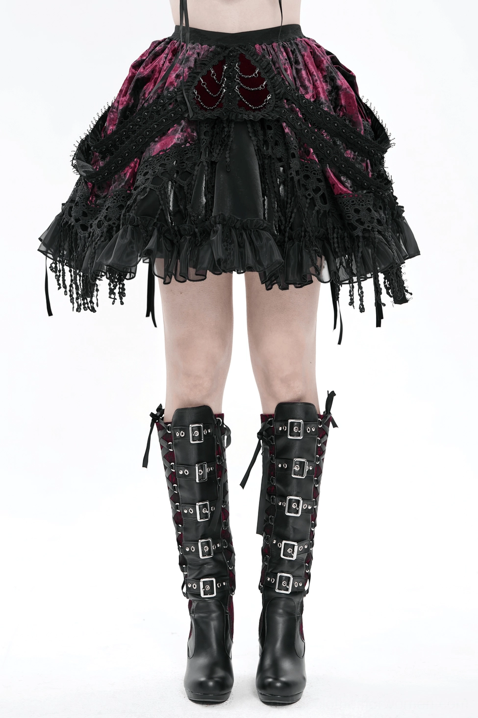 Wine red black gothic skirt displaying chain accents and intricate lace layering construction