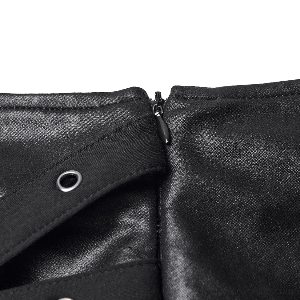 Close-up detail of black gothic skirt zipper closure with metal hardware and grommet fastener strap