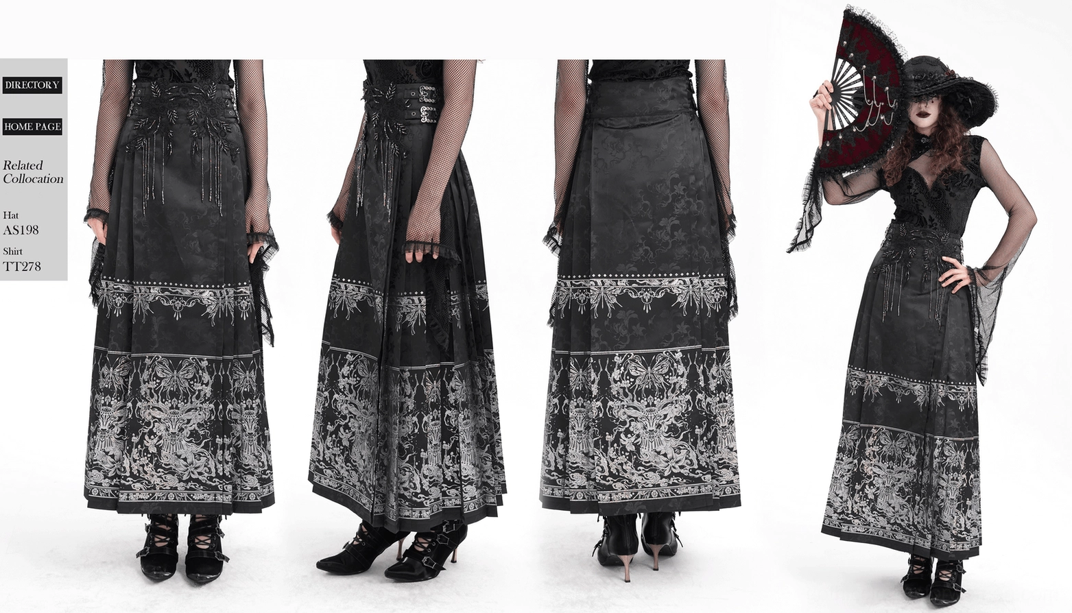 Black gothic maxi skirt complete construction view highlighting premium jacquard weave, silver embroidery and vintage metal snap buttons