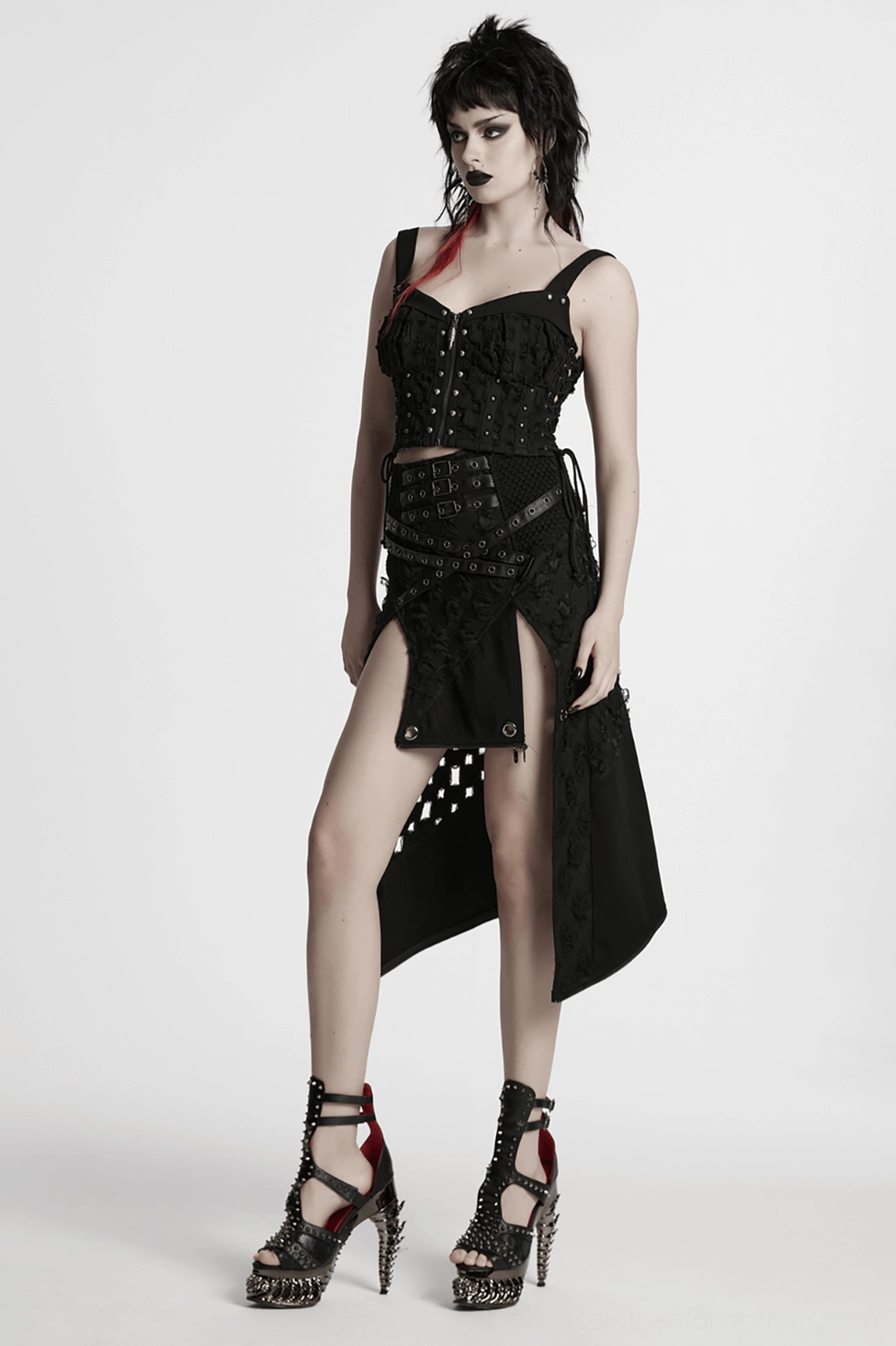 Black gothic high-slit skirt construction showing fabric composition and structural design elements