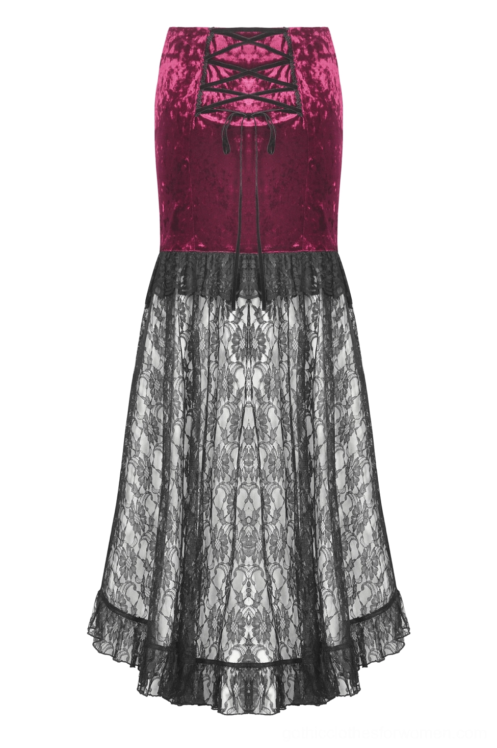 Rear flat lay of burgundy gothic skirt showing lace-up corset back and full sheer black lace overlay