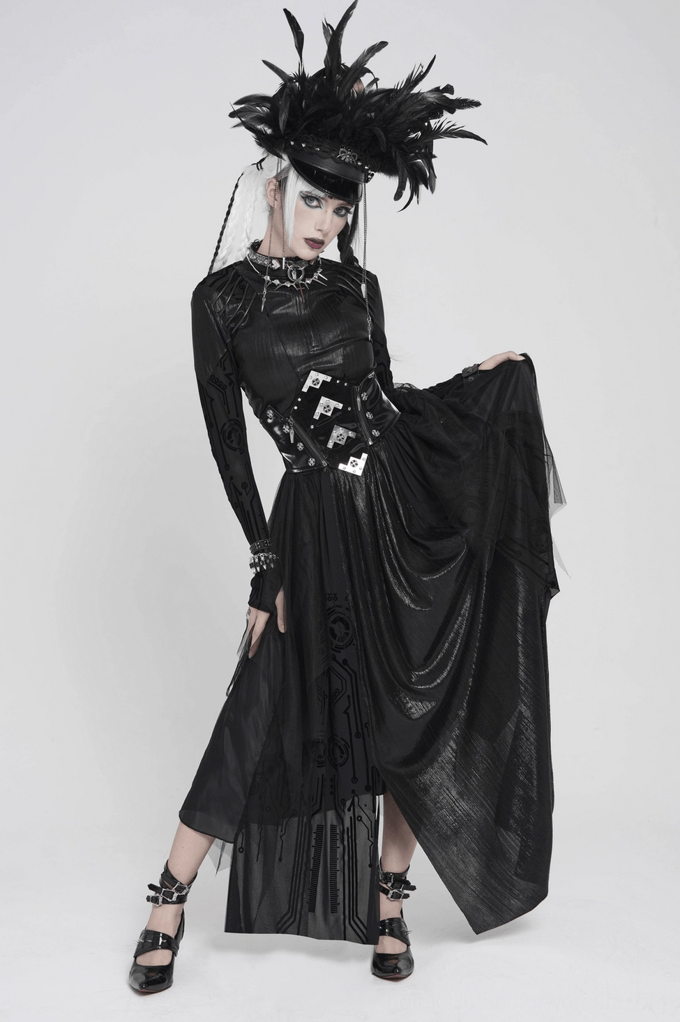 Black corset gothic maxi skirt back view detail showing lace-up corset back mechanism