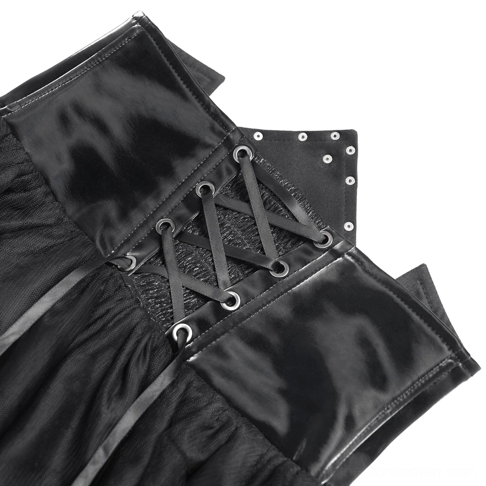 Black gothic corset maxi skirt detail shot of lace-up back corset closure and mesh overlay