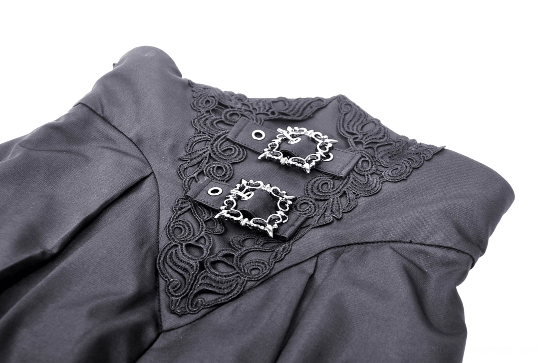 Close-up overhead view of gothic skirt corset waist detail with black lace, metal buckles, and eyelets