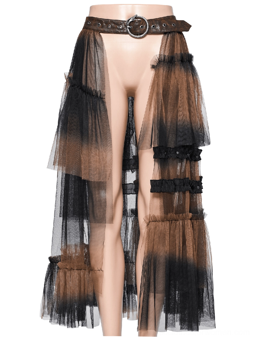 Layered mesh half skirt on female mannequin, showcasing wide cracked leather round buckle belt and front layered tulle construction in black-brown gradient