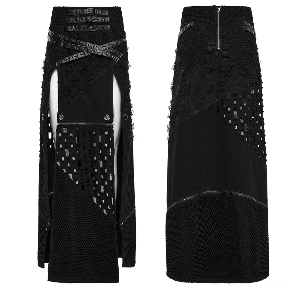Black gothic high-slit skirt featuring cross faux leather straps and dramatic mesh cutout detail