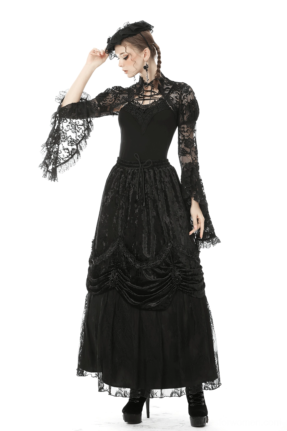 Gothic crushed velvet maxi skirt detail showing fabric quality and ruched construction
