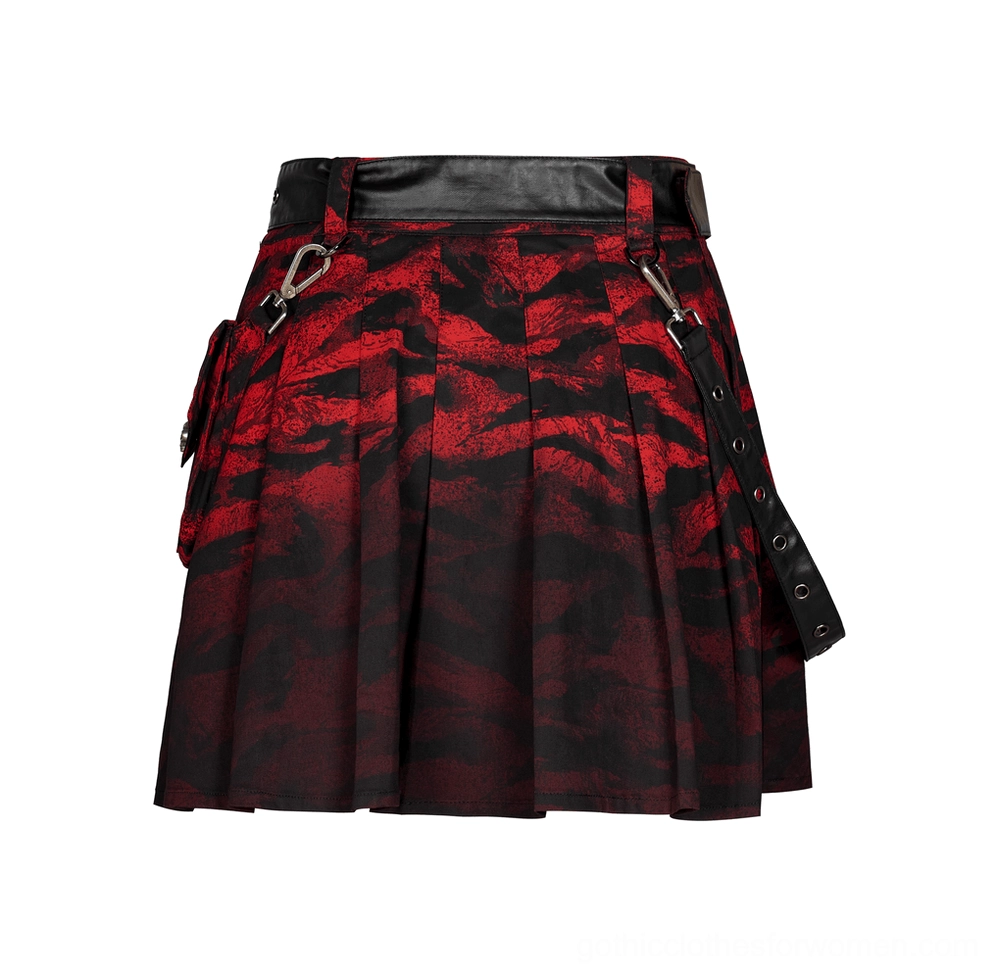 Side flat lay of gothic punk skirt showcasing detachable leather strap, metal clasp, and dramatic hem width