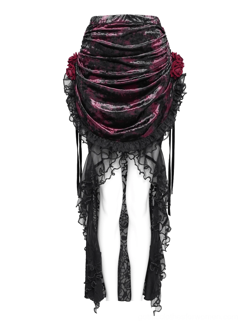 Close-up details of gothic skirt fabric showing ruffled lace, draped satin, and burgundy rose decorations