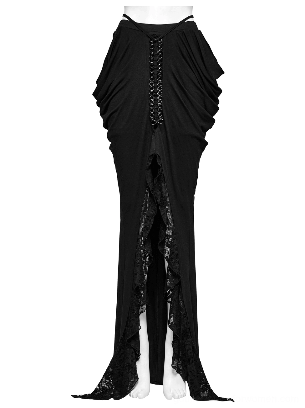 Black floor-length gothic skirt with drawstring closure and ruched draped fabric rear view on mannequin