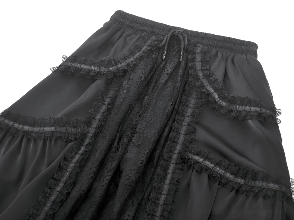 Gothic black lace maxi skirt waist detail close-up showing drawstring ties and lace panel construction