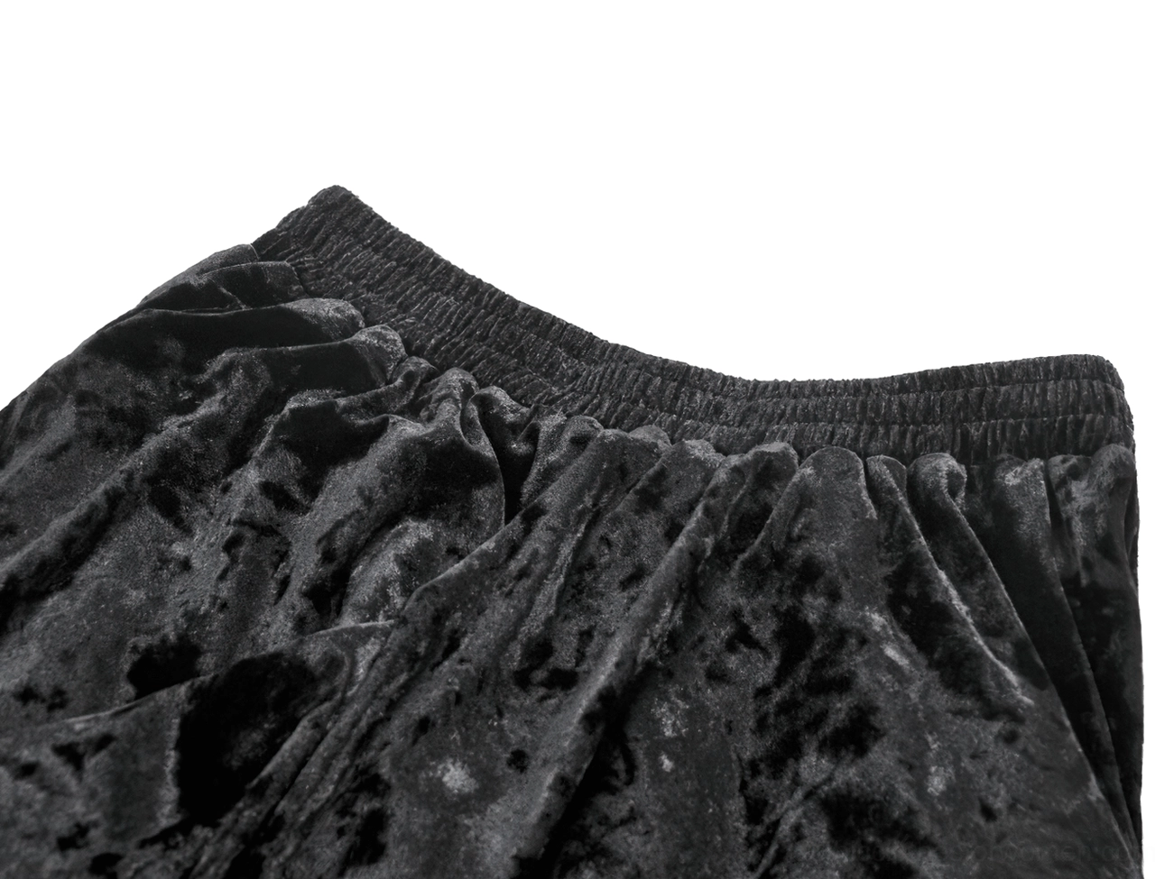 Close-up texture detail of gothic skirt waistband and crushed velvet fabric construction