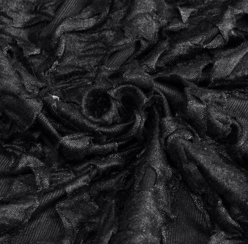 Gothic skirt fabric close-up flat lay, dense rosette ruffled texture, black woven knit material, alternative clothing construction