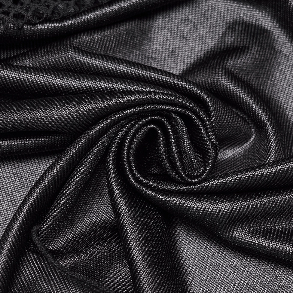 Black shiny glossy draped fabric close-up of gothic ruched skirt elastic knit texture