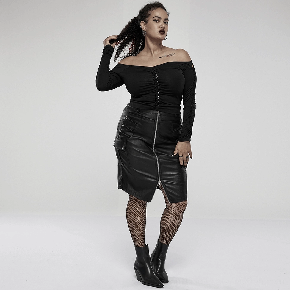 Black faux leather gothic skirt detail view - viscose blend material texture and metallic rivet embellishments