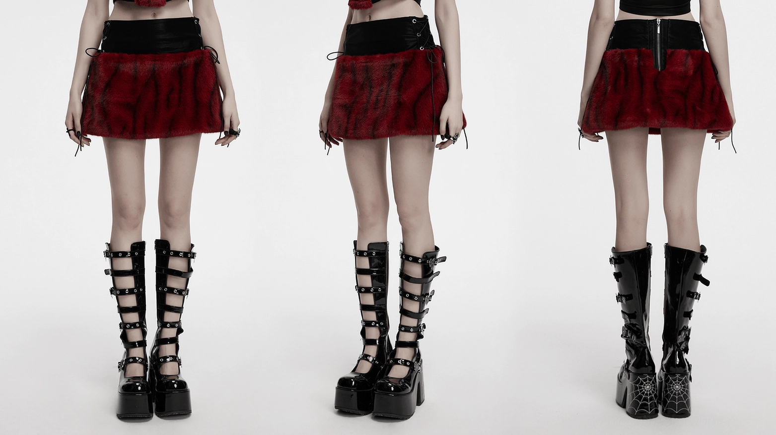 Close-up view of black faux leather corset waistband details on wine red gothic skirt