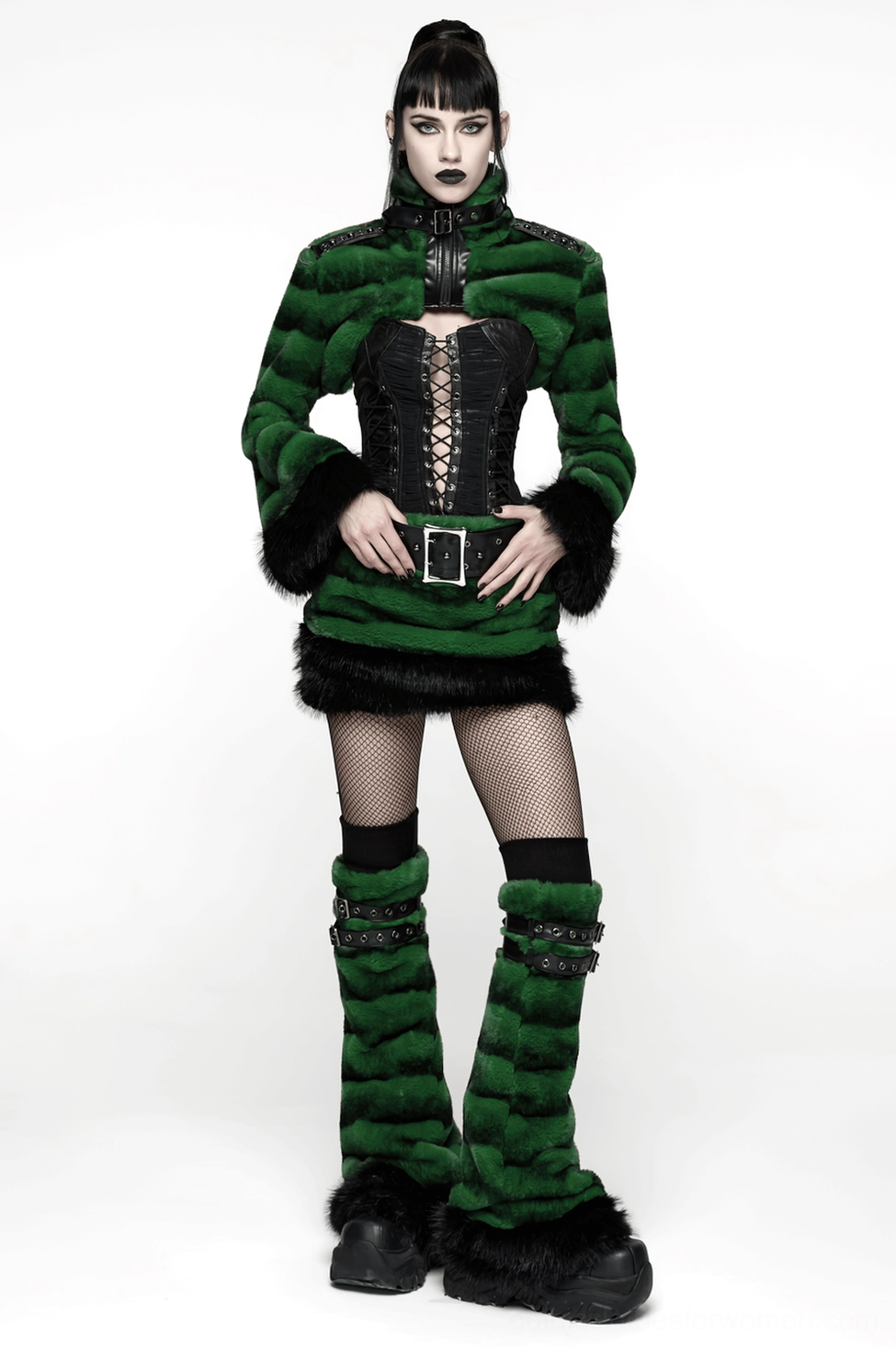 Black and green faux fur gothic mini skirt fit guide - how to measure for sizing
