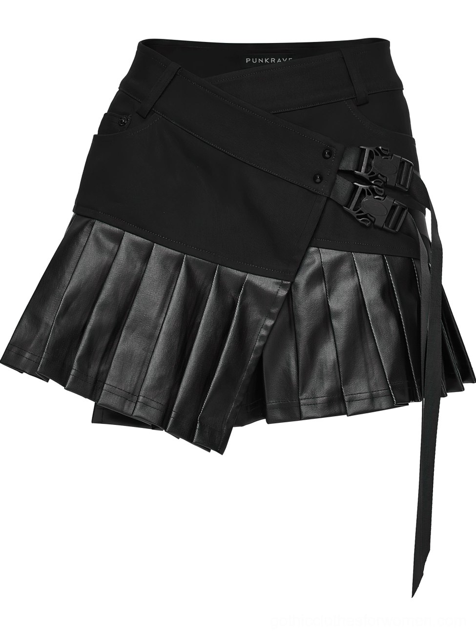 Flat lay detail of black gothic pleated mini skirt showcasing asymmetrical wrap waist with heavy-duty plastic buckles and structured pleated faux leather lower panel