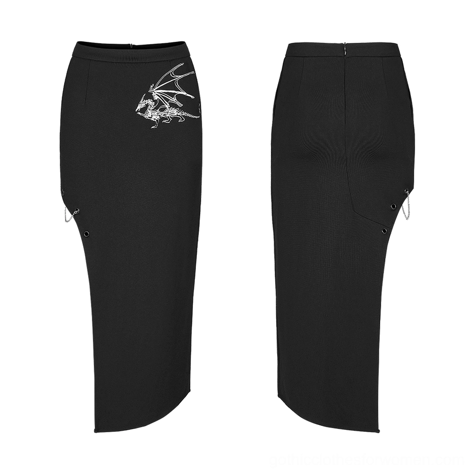 Black dragon embroidered gothic skirt flat lay front and back showing asymmetrical hem and metal hardware