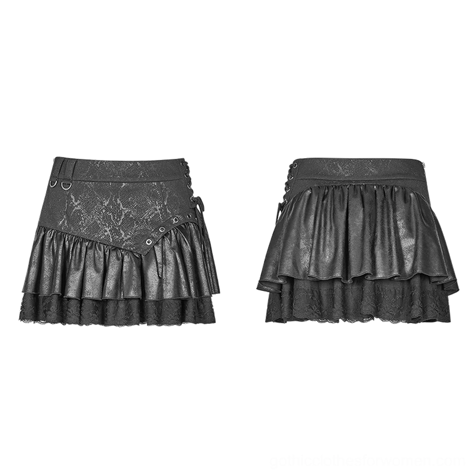 Flat lay flat view of black gothic skirt showing cracked faux leather and lace trimmed ruffle hem