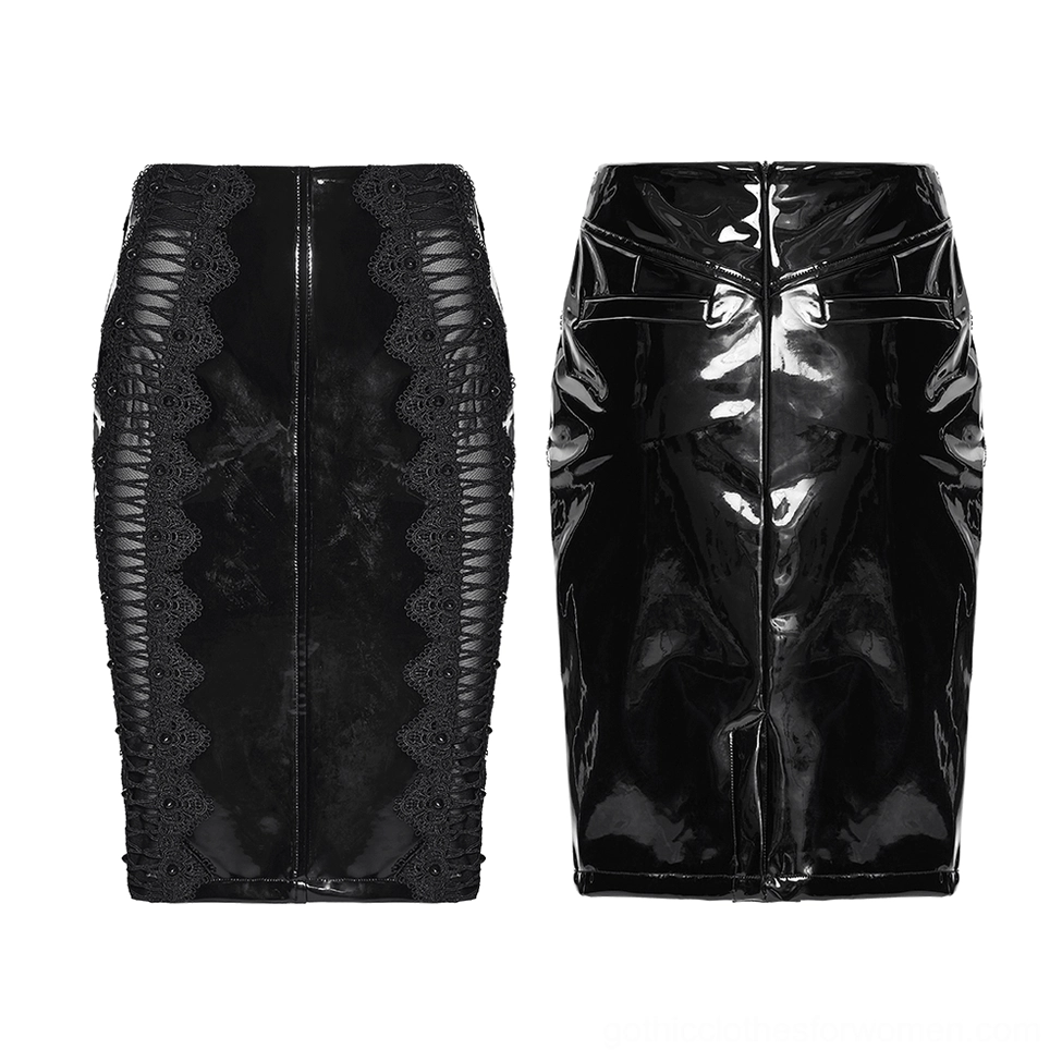 Black patent leather gothic skirt flat lay front view showing scalloped lace side trim and mesh panels
