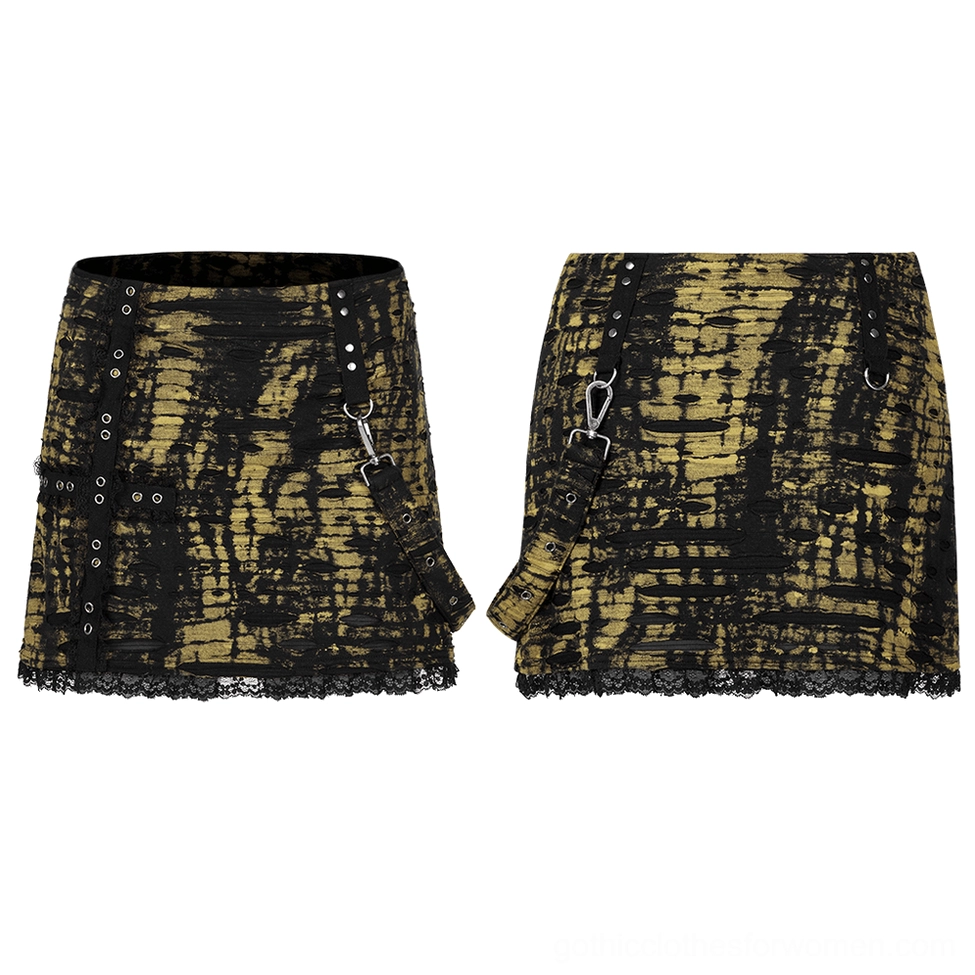 Flat lay product display of distressed knit mini skirt showing front side angles with yellow-black tie-dye and ripped fabric details