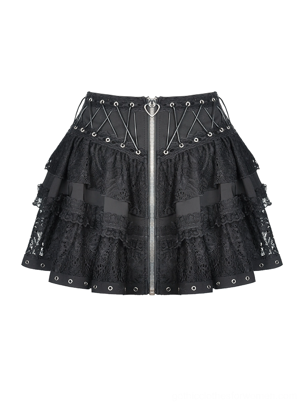 Black heart-laced gothic skirt flat lay top-down view showing crisscross lace-up design and heart zipper pull