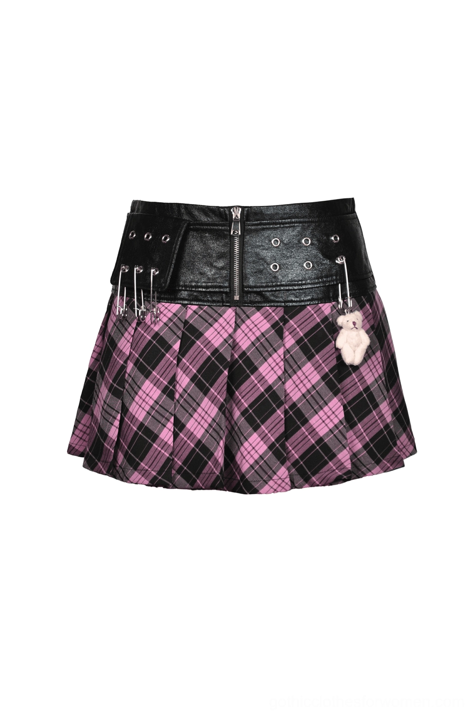 Black-pink plaid gothic mini skirt flat lay with leather grommet waistband, safety pins and teddy bear charm