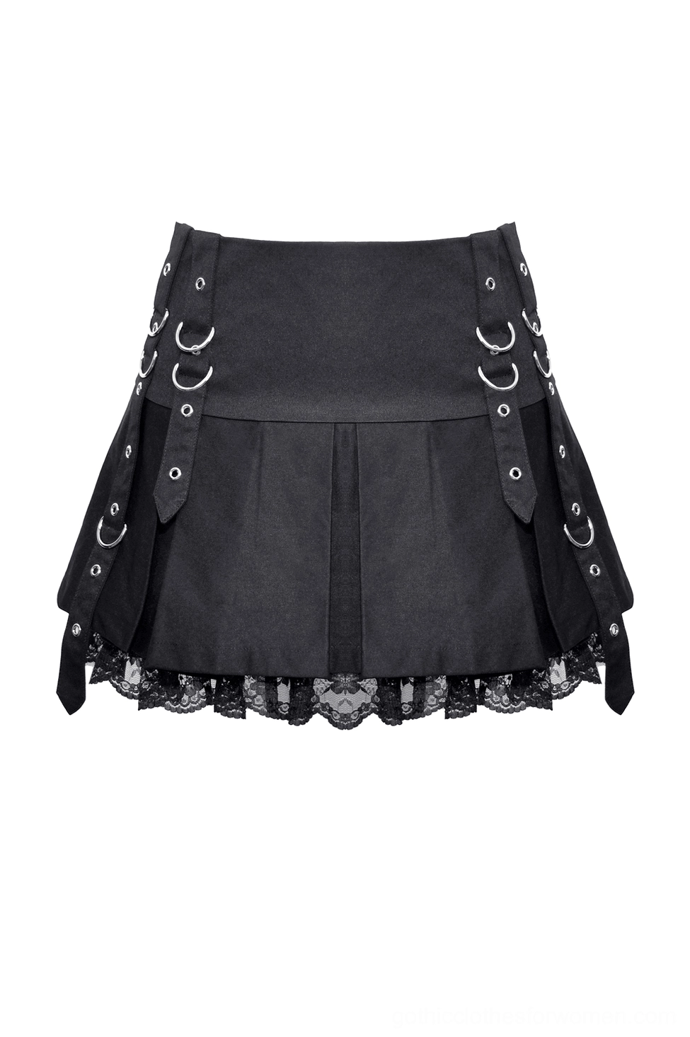 Front flat lay of black pleated gothic skirt showing side metal O-ring straps and lace hem detail